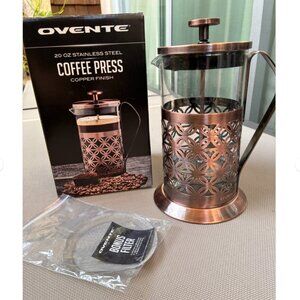 Ovente 20 oz stainless steel French press coffee maker in a copper finish